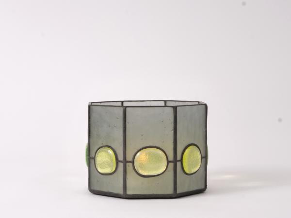 Stained Glass Candle Holder MAGANDA pergament silver gray with annagreen nuggets 6 x 6 x 4"