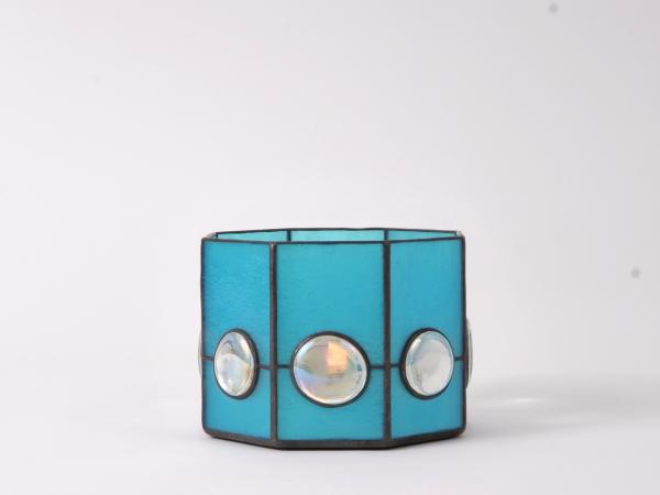 Stained Glass Candle Holder MAGANDA pergament turquoise with clear nuggets 6 x 6 x 4"