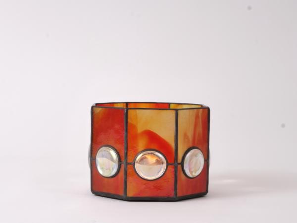 Stained Glass Candle Holder MAGANDA pergament orange amber with clear nuggets 6 x 6 x 4"