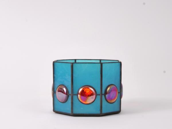 Stained Glass Candle Holder MAGANDA pergament turquoise with red nuggets 6 x 6 x 4"